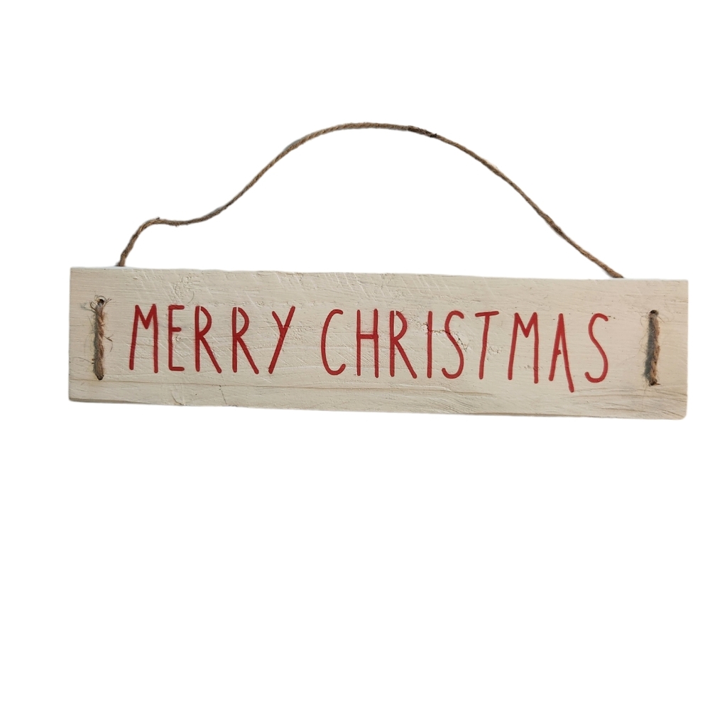 Merry Christmas Boho Retro Antique White Hanging Wood Wall Sign with Jute Decor